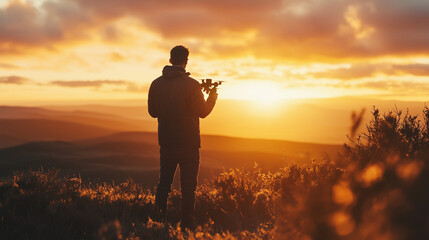 Fototapeta premium Silhouette Man Sunset Landscape Photography Golden Hour Nature View
