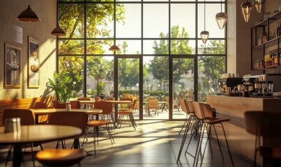 Interior of a bright modern cafe with large windows, sleek furniture, and a vibrant atmosphere.