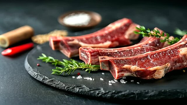 A gourmet-style presentation of lamb chops and mutton ribs, artfully laid out on a black slate platter. The raw cuts are garnished with fresh thyme, coarse salt, and chili flakes,