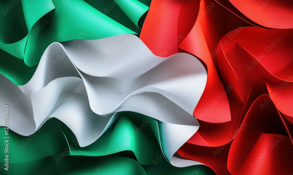 Poster minimalist composition of vibrant red, green, and white paper sheets overlapping to create a dynamic
