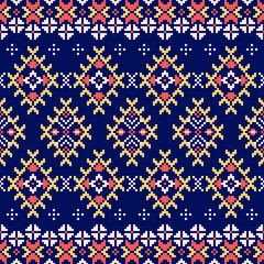 Ethnic seamless geometric pattern. Embroidery style design for fabric, clothing, batik, textile, decoration, cushion, carpet, scarf, bedspread, wallpaper, background, texture, wrapping and knitwear.
