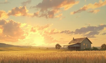 Scenic farmland with golden wheat fields and a soft orange sunset, peaceful rural life beautifully capture.