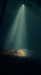 Dramatic Forest Scene with a Single Beam of Light Illuminating the Dark Ground