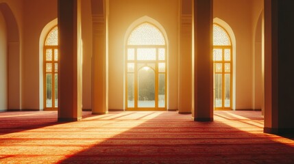 Fototapeta premium Serene Interior of Mosque with Sunlight Streaming Through Windows