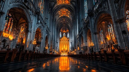 A majestic and interior of a grand Gothic cathedral featuring intricate stained glass windows soaring vaulted ceilings ornate columns and an elaborate altar creating a sacred and spiritual atmosphere