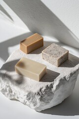 Eco-conscious skincare concept featuring artisanal soaps in earthy shades, highlighting sustainability, organic beauty, and a gentle self-care routine.