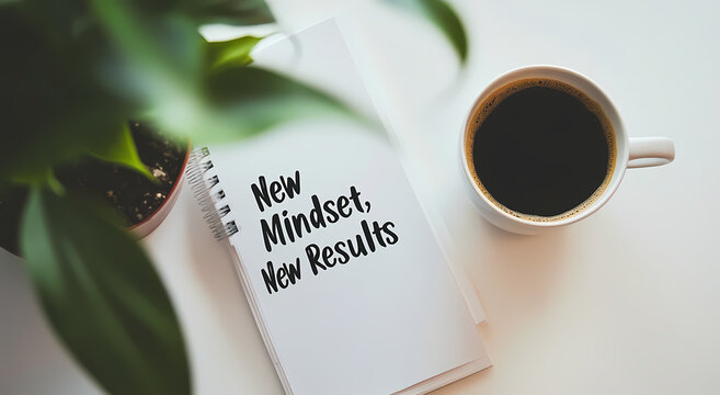 New Mindset, New Results: A cup of coffee sits beside a notepad with the inspiring message "New Mindset, New Results," complemented by a vibrant houseplant, creating a scene that blends inspiration.