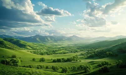 Naklejka premium Lush green valley surrounded by distant mountains under a bright sky, peaceful countryside landscape capturing natural beauty and tranquility