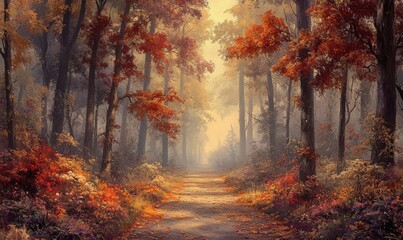 Obraz premium Peaceful forest path blanketed in vibrant autumn leaves, with towering trees displaying shades of red, orange, and yellow under soft morning light, serene journey.