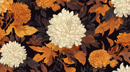 Seamless pattern with a dark background. it features a large white chrysanthemum flower in the center, surrounded by smaller orange and yellow leaves.
