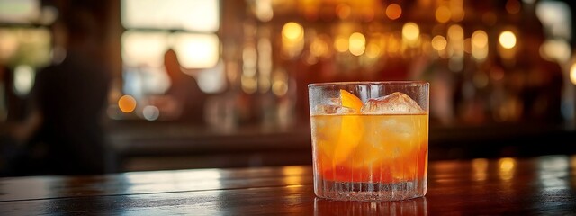 Cocktail close up in a bar setting. Blurred people in the background. Selective focus on the ice drink and glass