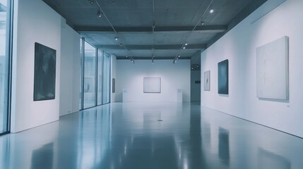 A modern art gallery featuring abstract paintings on white walls with polished floors.