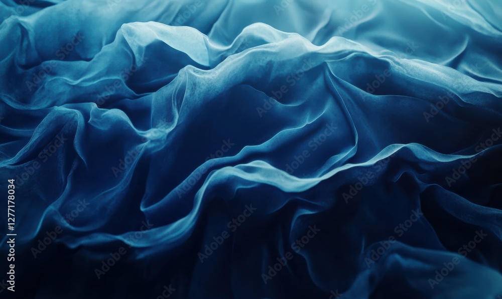 Poster luxurious blue satin fabric with intricate folds glowing under subtle light, creating depth and a re