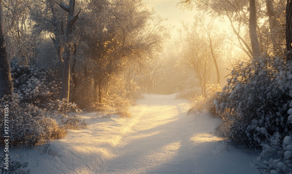 Poster scenic path through a snow-covered forest, soft golden sunlight filtering through the trees creating