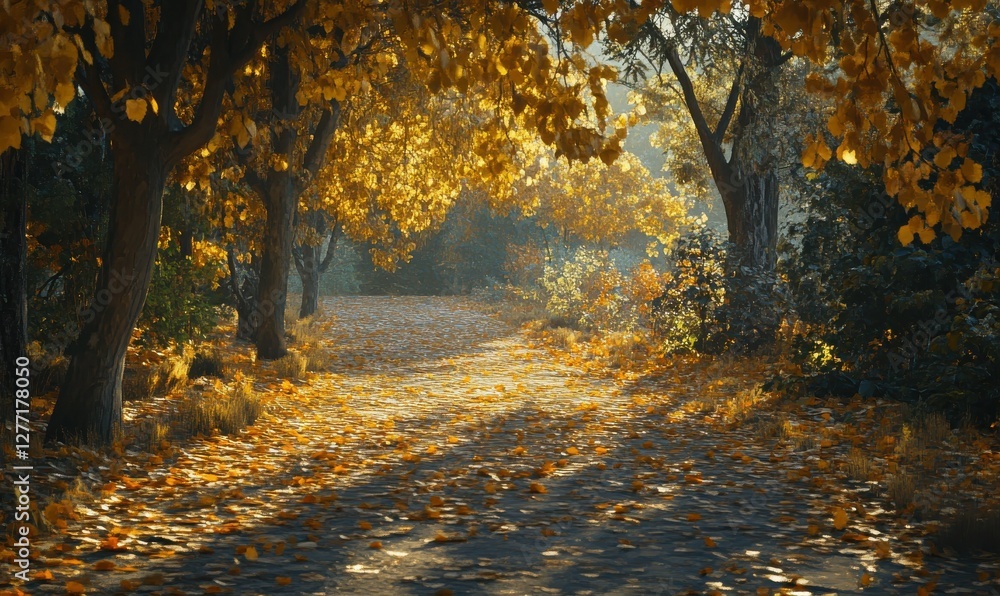Poster scenic pathway covered in fallen autumn leaves, golden light filtering through the trees creating a 