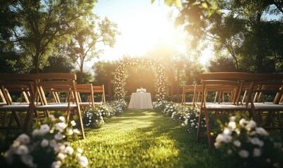 Scenic outdoor wedding setup with wooden chairs, delicate floral arrangements, and soft sunlight creating a romantic natural atmospher