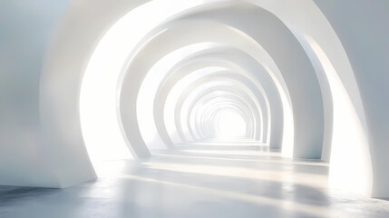 Obraz premium Ethereal white hallway with soft curves leading into labyrinth of calm and contemplation, creating serene atmosphere. Dreamlike Labyrinth Passage. Illustration