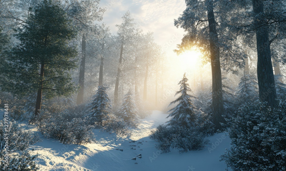 Poster scenic view of a snow-covered forest, soft sunlight filtering through the trees creating a serene wi