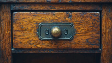 Antique wooden drawer with brass handle, close-up, vintage office furniture