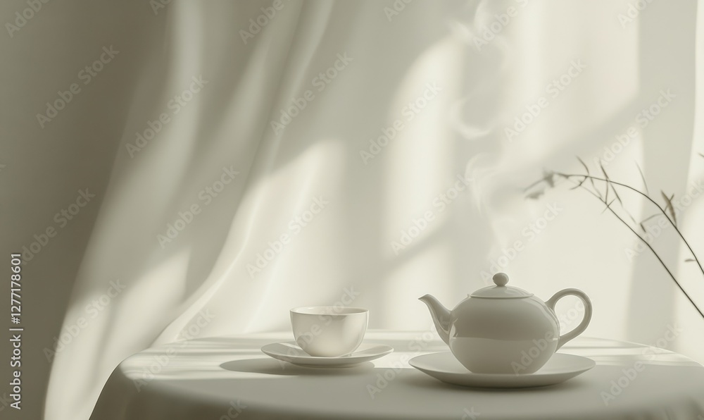 Poster minimalistic tea set on a white table, with delicate steam rising from the teapot and soft shadows c