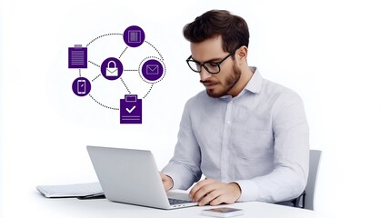 Focused businessman working on a laptop with a cybersecurity and data protection network concept, symbolizing secure online communication and digital safety