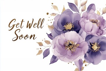 Delicate floral get well soon card with light purple blossoms, intricate gold highlights, and soft watercolor textures on a clean white background.