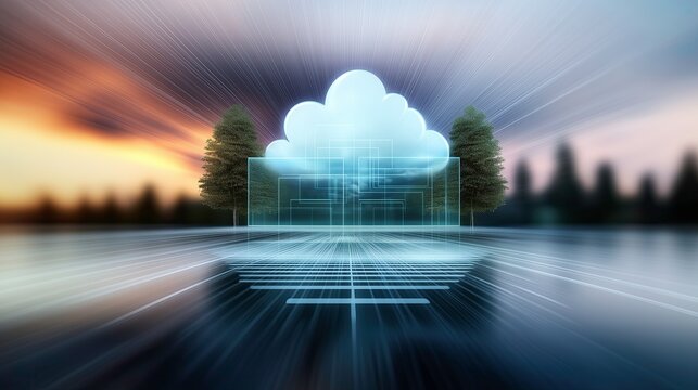 Digital cloud computing concept blending nature with technology, futuristic AI visualization with glowing cloud and circuit patterns in a scenic environment