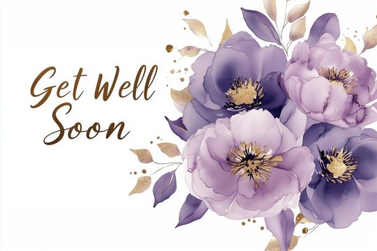 Delicate floral get well soon card with light purple blossoms, intricate gold highlights, and soft watercolor textures on a clean white background.