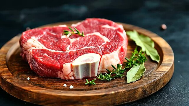 A raw, uncooked ossobuco beef cut sitting on a round wooden plate, highlighting its rich marbling and creamy white bone marrow. A few sprigs of thyme and bay leaves rest beside it,