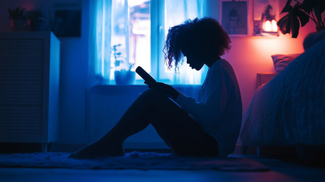 Image of a lone black teenager, tween or young woman scrolling on a phone, staring intently at a screen, landscape format with copy space, ratio 25:14