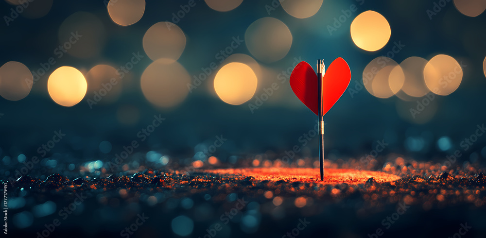 Poster heart's target: a dart with a heart-shaped tip stands in a blurry, bokeh-filled setting, representin