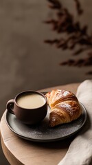 Cozy morning coffee with fresh croissant on rustic plate