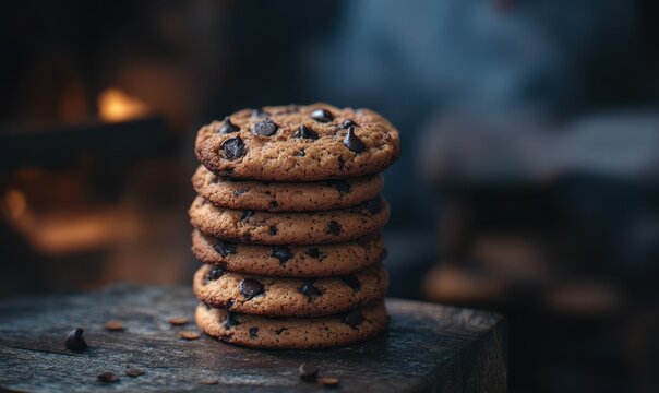 Set of freshly baked chocolate chip cookies stacked on a rustic wooden table, rich textures and warm lighting enhancing the delicious loo.