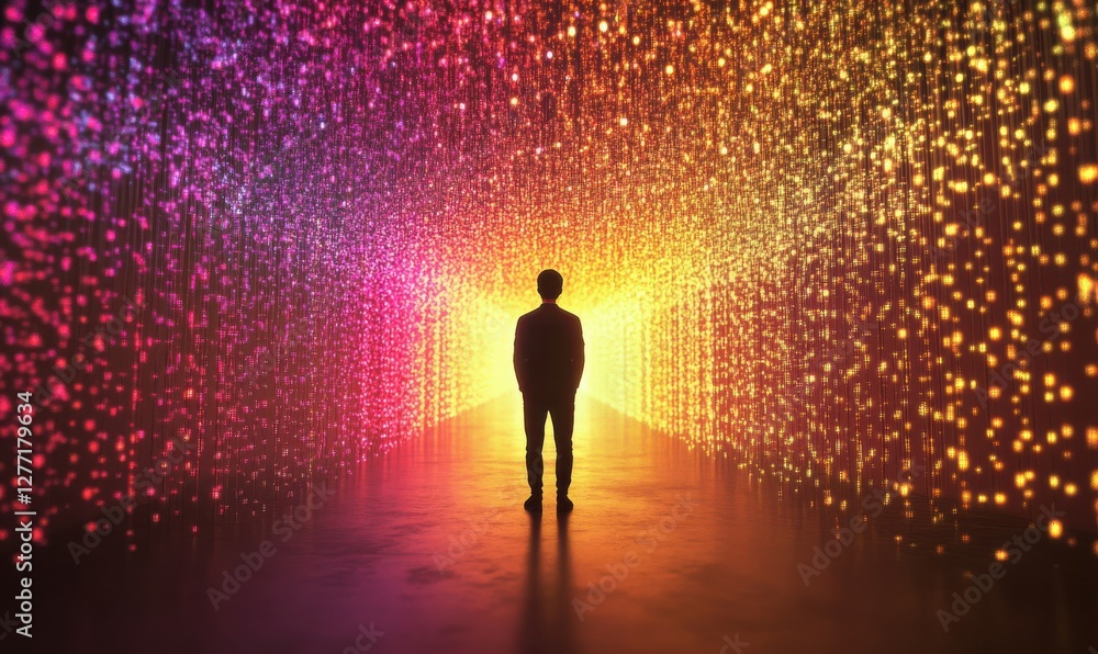 Poster silhouette of a man standing alone in a glowing tunnel surrounded by endless rows of colorful hangin