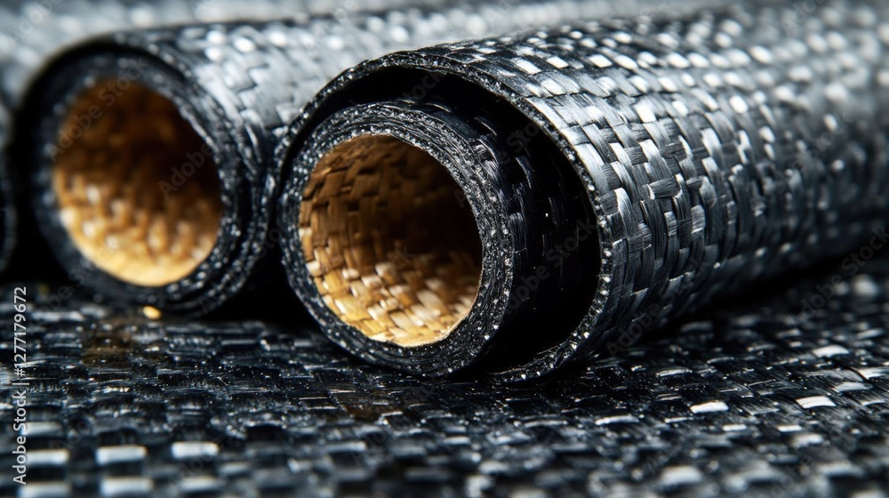 Poster woven carbon fiber rolls with intricate patterns and textures in sharp focus close up