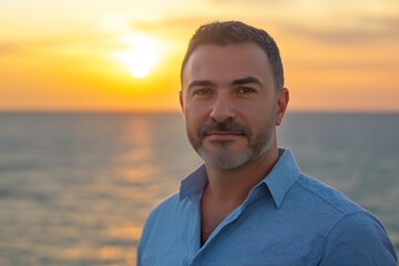 Fototapeta premium 40 years old turkish male with short hair combed to one side and facial stubble, standing infront of an ocean view at sunset posing for the camera