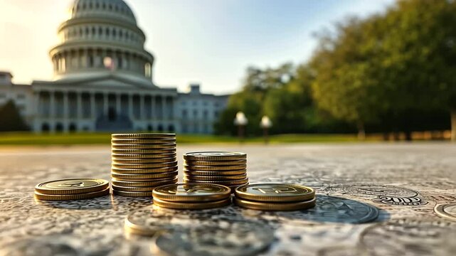 A small stack of coins in front of a vast government building, illustrating the concept of inflation eroding economic value over time.