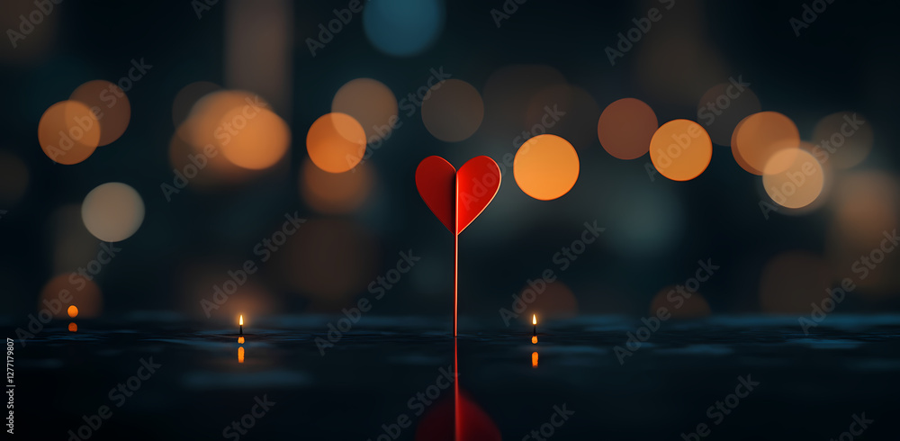 Poster a tender symbol of affection: a solitary, crafted red heart on a stick stands illuminated against a 