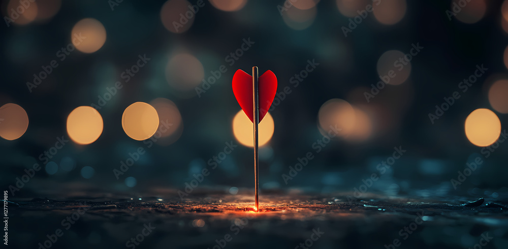 Poster bullseye of affection: a heart-shaped dart pierces the center of a target, symbolizing love's precis