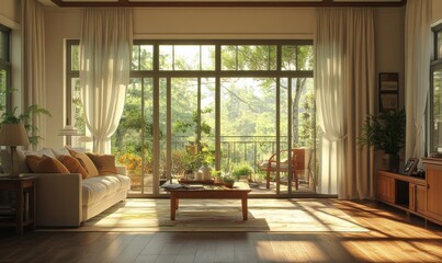 Spacious open-plan living room with wooden floors, neutral-toned furniture, and large sliding doors leading to a balcony.