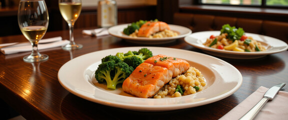 Healthy dinner plate featuring grilled salmon, colorful vegetables, and grains in a cozy dining environment with warm lighting