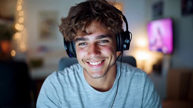 Smiling Young youtuber man in front of a computer in his room wearing headphones talking to his subscribers