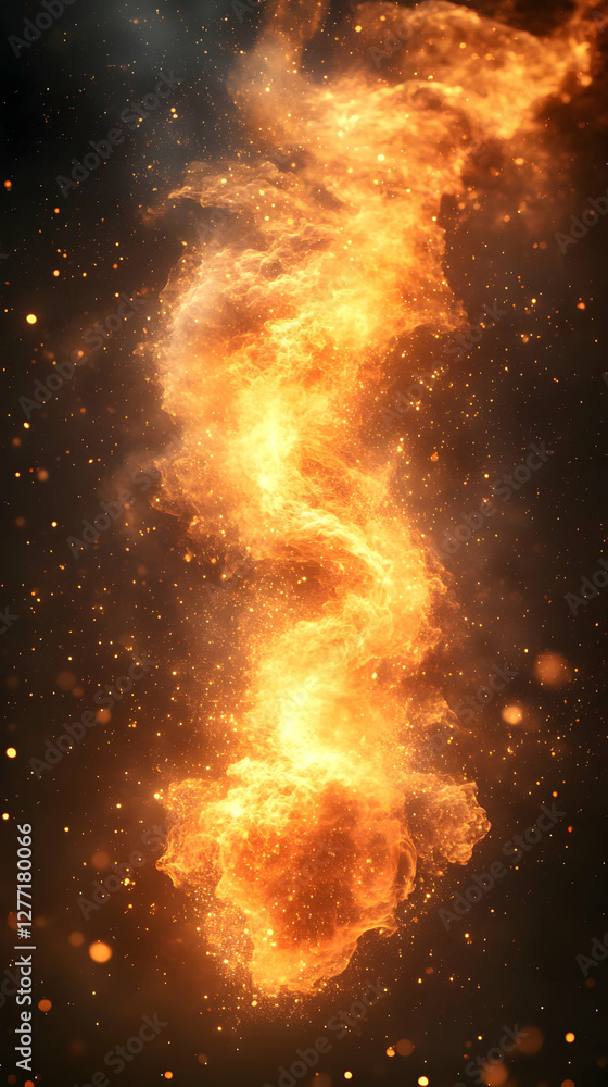 Poster abstract fiery orange nebula with dark smoke and bokeh lights particle background
