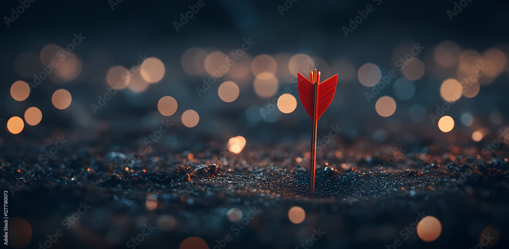 Poster aiming for success: a lone red dart embedded in a textured surface against a dreamy bokeh backdrop, 