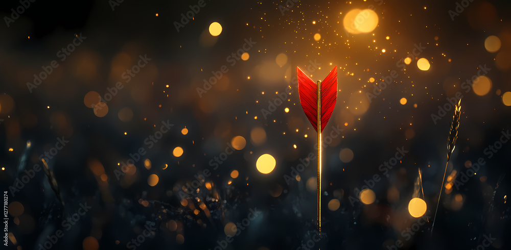 Poster target achieved: a solitary red arrow stands upright amidst a blurred background of shimmering bokeh