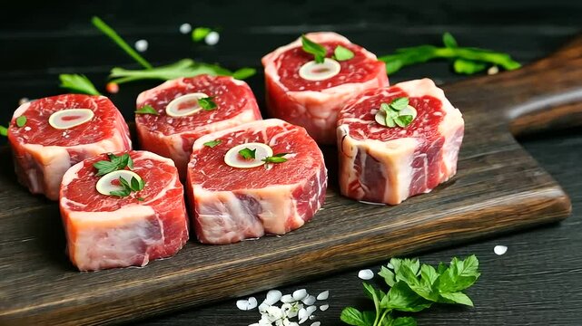 A top-down view of fresh, raw ossobuco beef shanks with rich marbling, beautifully arranged on a dark wooden board. The bone marrow at the center glistens under soft lighting, surr