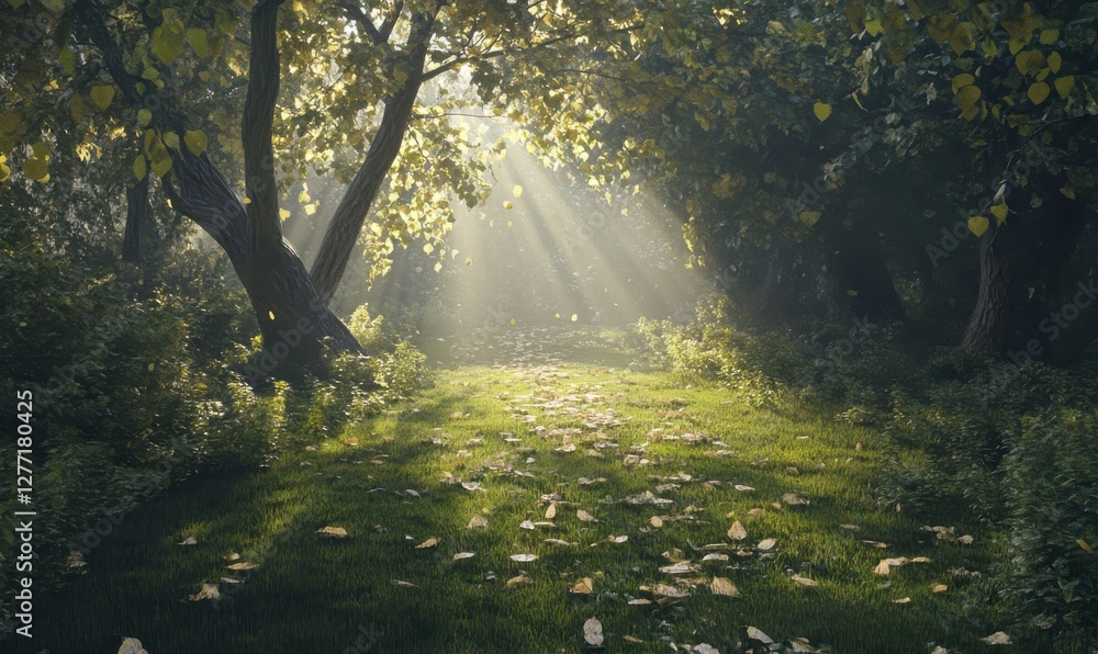 Aufkleber sunlit path in a tranquil forest, with golden rays filtering through the leaves and illuminating the