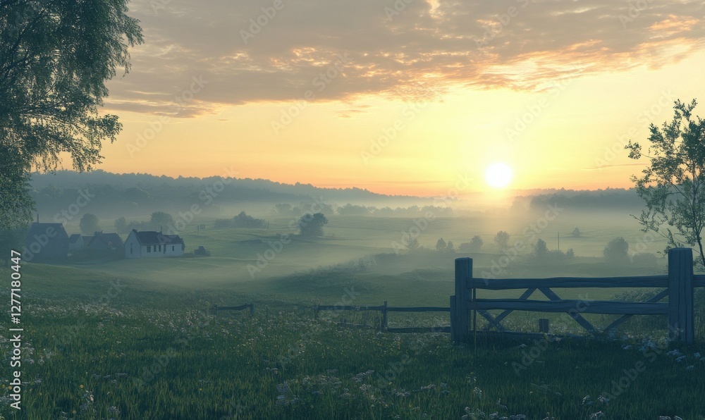 Aufkleber sunrise view of a tranquil rural landscape with soft mist hovering over green fields and distant cot