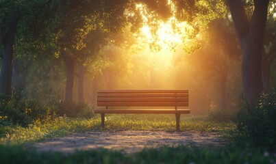 Sunset over a peaceful park with a wooden bench surrounded by vibrant green trees, golden light creating a serene mood.