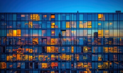 Urban skyline reflecting dynamic city life, captured at dusk with warm glowing windows and cool blue tones.